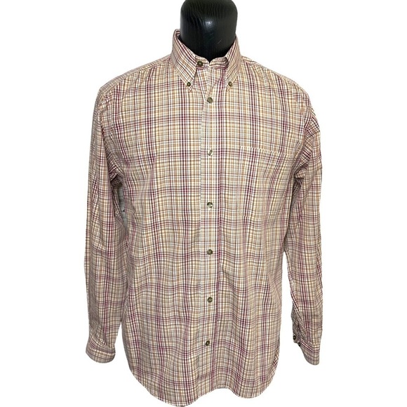 EDDIE Bauer Neutral Plaid Preppy Casual Button Down Shirt Brown Relaxed fit M/L - Picture 1 of 11